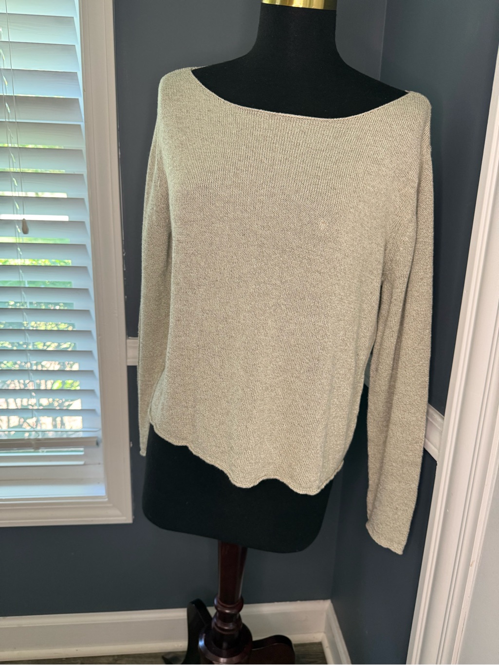 Eileen Fisher Linen Blend Boat Neck Sweater Women’s L Beige Lightweight Knit Top